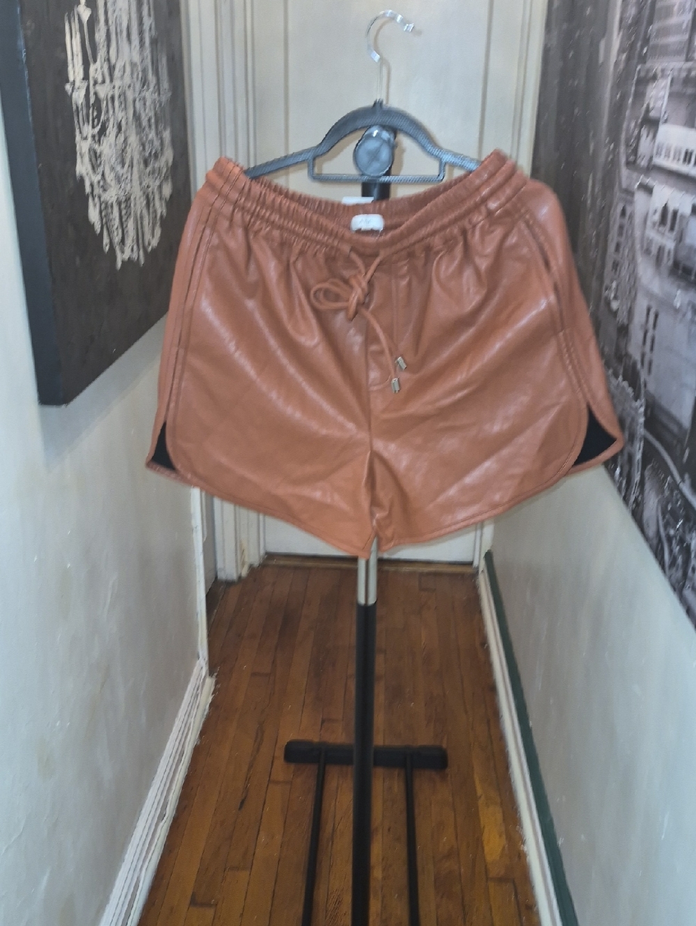 A.L.C. Faux Leather Drawstring Shorts — Cognac